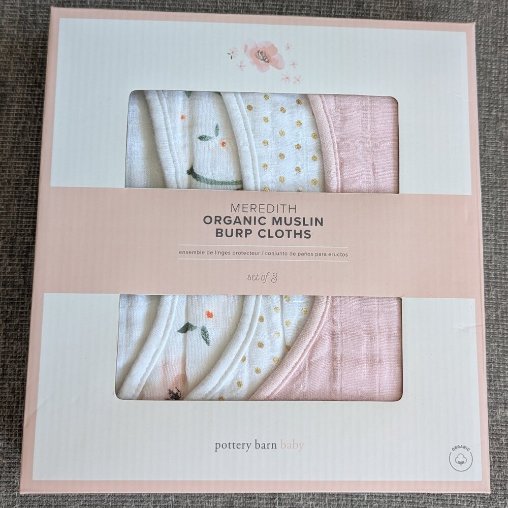 Pottery Barn Baby Meredith Organic Muslin Burb Cloths Set of 3